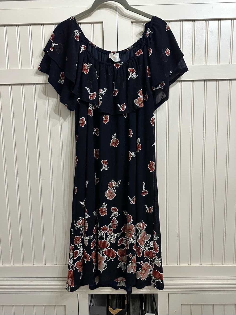 Siren Lily Navy Dress with Rust Floral Print Size L Petit